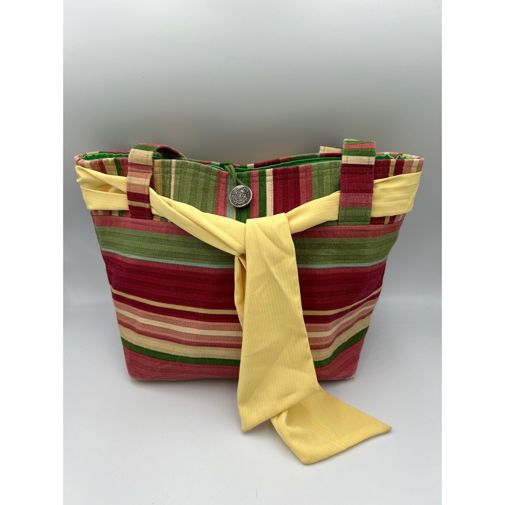 Handmade Striped Tote Bag Red Green Yellow Sash Tie Button Closure Large Purse